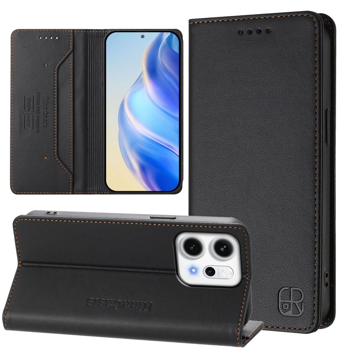 OPPO Reno14 Pro 5G Dual-Folded Magnetic Suction RFID Blocking PU Leather Wallet Phone Case with Card Slots, Cash Pocket, Kickstand, Full Protective Flip Cover