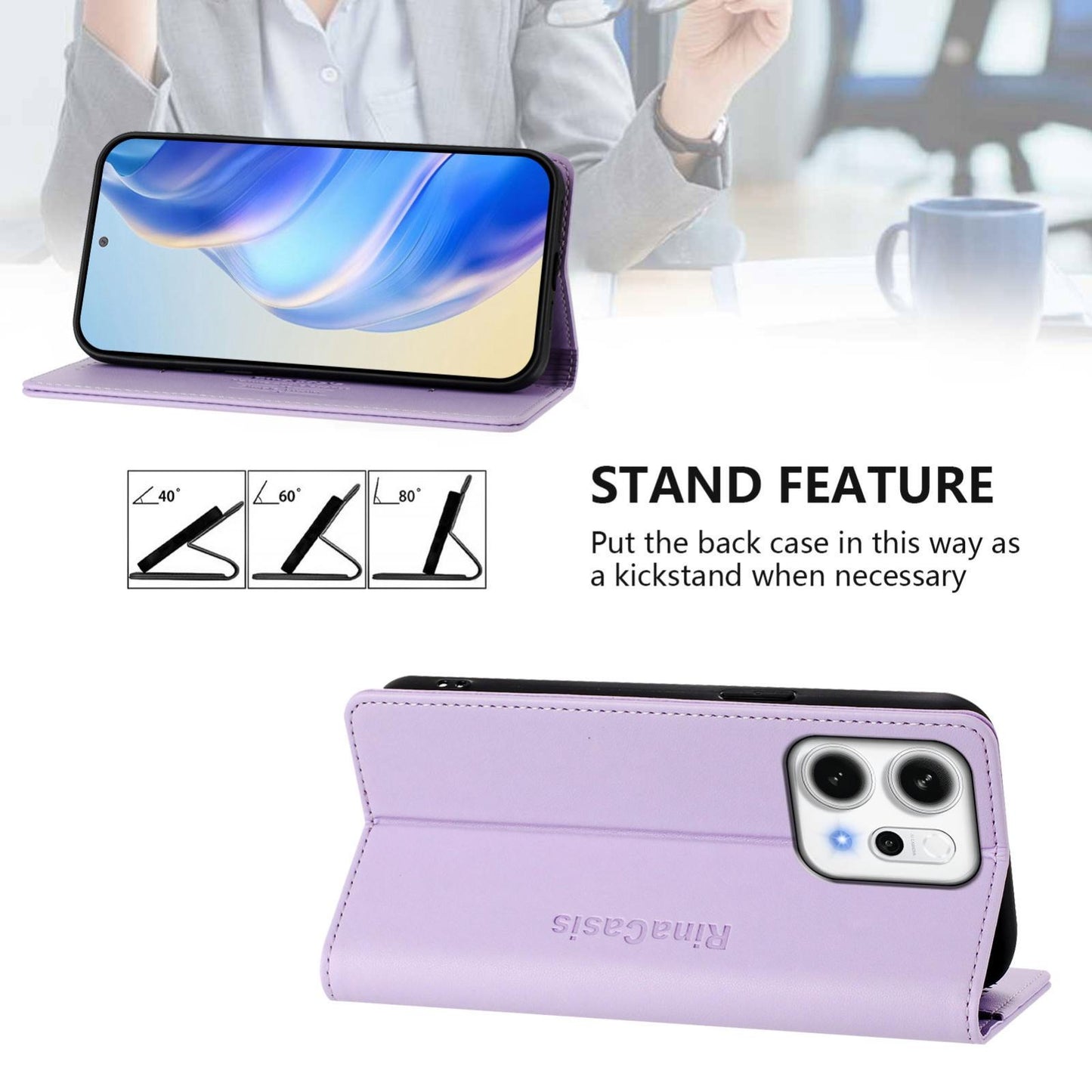 OPPO Reno14 Pro 5G Dual-Folded Magnetic Suction RFID Blocking PU Leather Wallet Phone Case with Card Slots, Cash Pocket, Kickstand, Full Protective Flip Cover