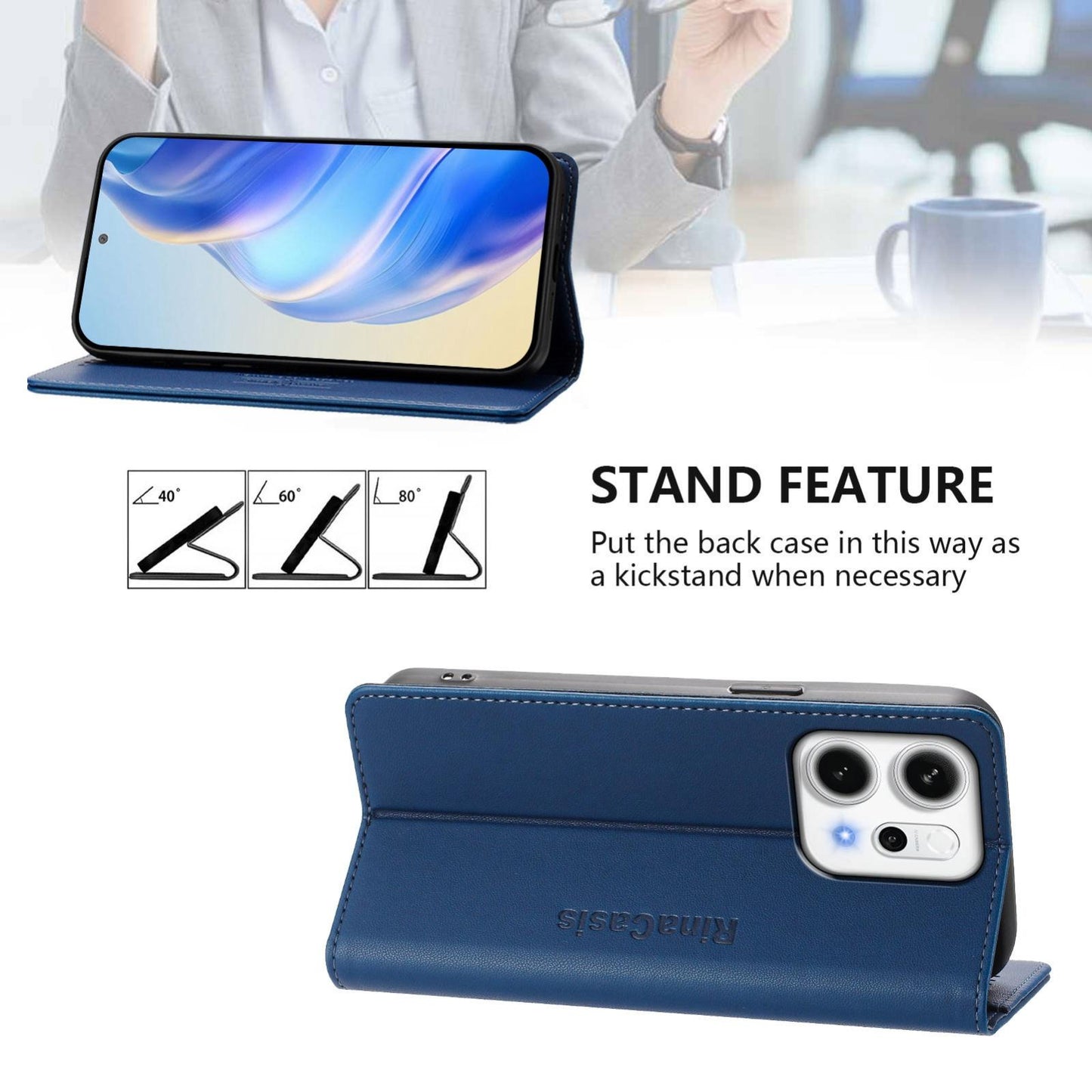 OPPO Reno14 Pro 5G Dual-Folded Magnetic Suction RFID Blocking PU Leather Wallet Phone Case with Card Slots, Cash Pocket, Kickstand, Full Protective Flip Cover