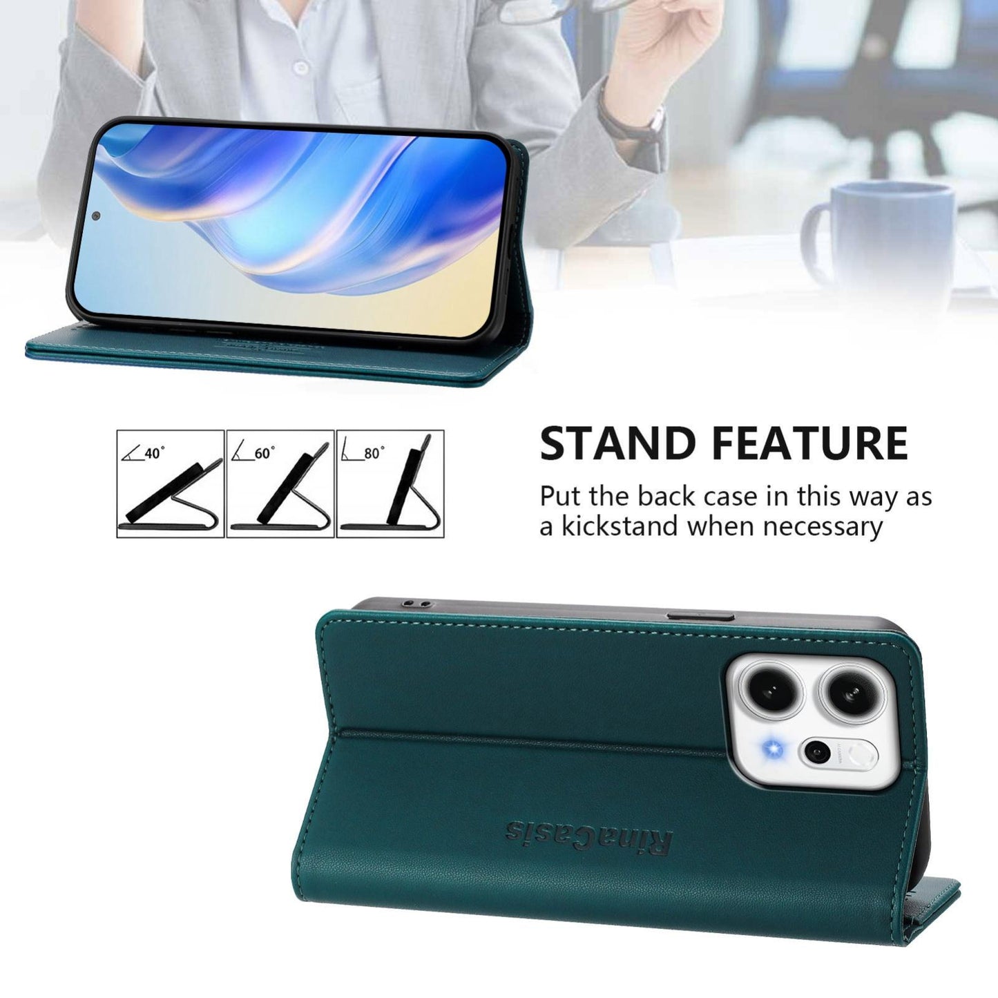 OPPO Reno14 Pro 5G Dual-Folded Magnetic Suction RFID Blocking PU Leather Wallet Phone Case with Card Slots, Cash Pocket, Kickstand, Full Protective Flip Cover