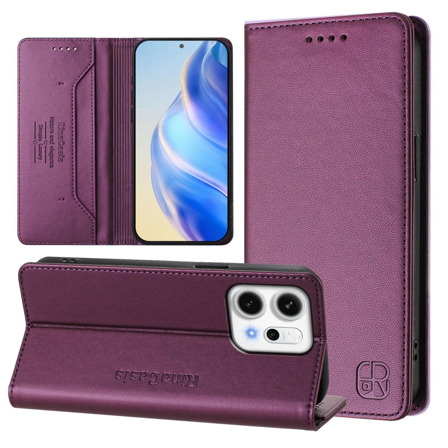 OPPO Reno14 Pro 5G Dual-Folded Magnetic Suction RFID Blocking PU Leather Wallet Phone Case with Card Slots, Cash Pocket, Kickstand, Full Protective Flip Cover