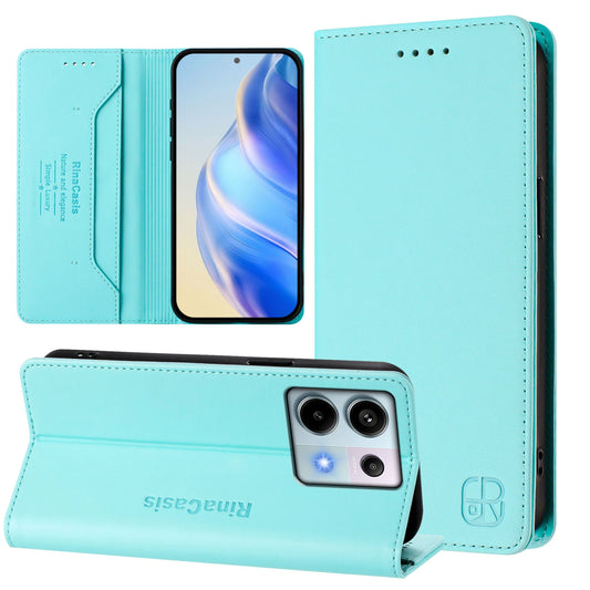 Xiaomi Poco X6 5G Dual-Folded Magnetic Suction RFID Blocking PU Leather Wallet Phone Case with Card Slots, Cash Pocket, Kickstand, Full Protective Flip Cover