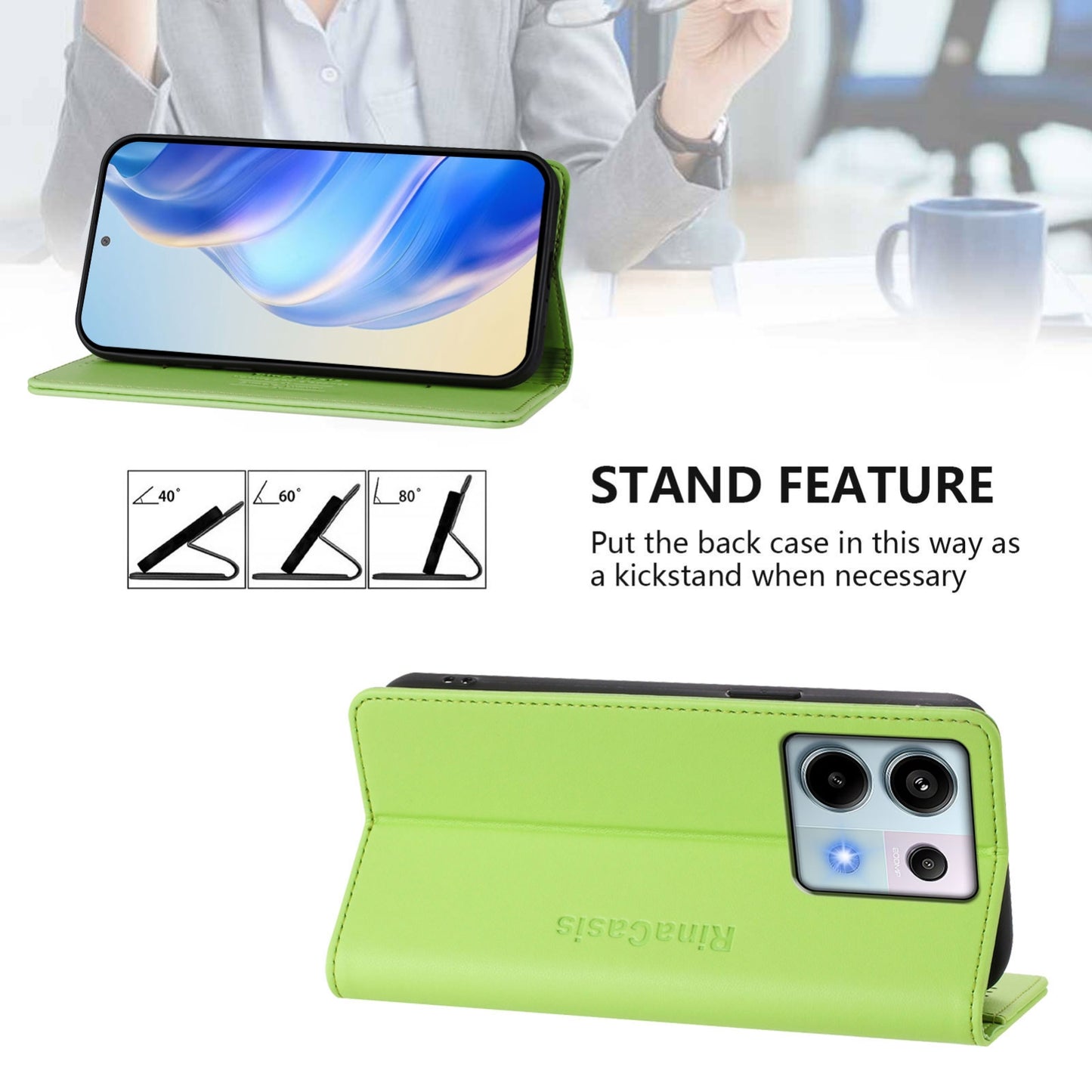 Xiaomi Poco X6 5G Dual-Folded Magnetic Suction RFID Blocking PU Leather Wallet Phone Case with Card Slots, Cash Pocket, Kickstand, Full Protective Flip Cover