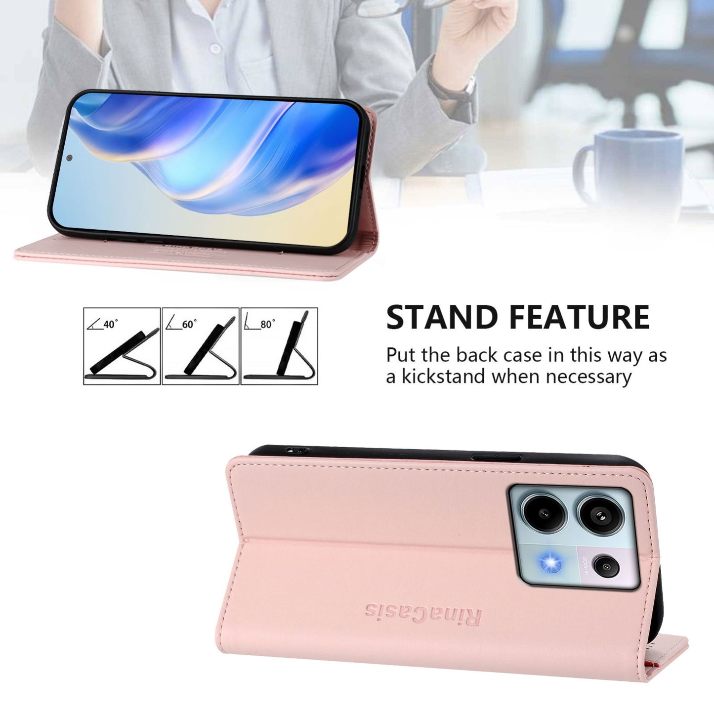 Xiaomi Poco X6 5G Dual-Folded Magnetic Suction RFID Blocking PU Leather Wallet Phone Case with Card Slots, Cash Pocket, Kickstand, Full Protective Flip Cover