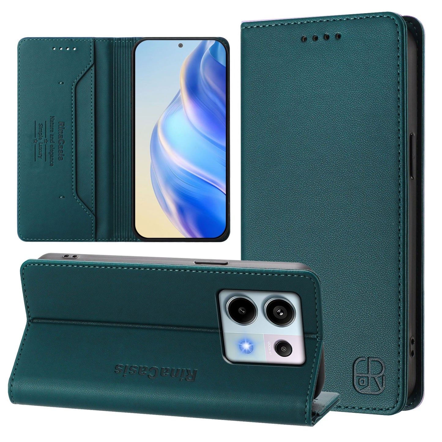 Xiaomi Poco X6 5G Dual-Folded Magnetic Suction RFID Blocking PU Leather Wallet Phone Case with Card Slots, Cash Pocket, Kickstand, Full Protective Flip Cover