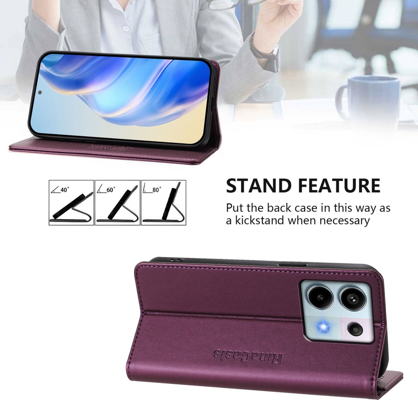 Xiaomi Poco X6 5G Dual-Folded Magnetic Suction RFID Blocking PU Leather Wallet Phone Case with Card Slots, Cash Pocket, Kickstand, Full Protective Flip Cover