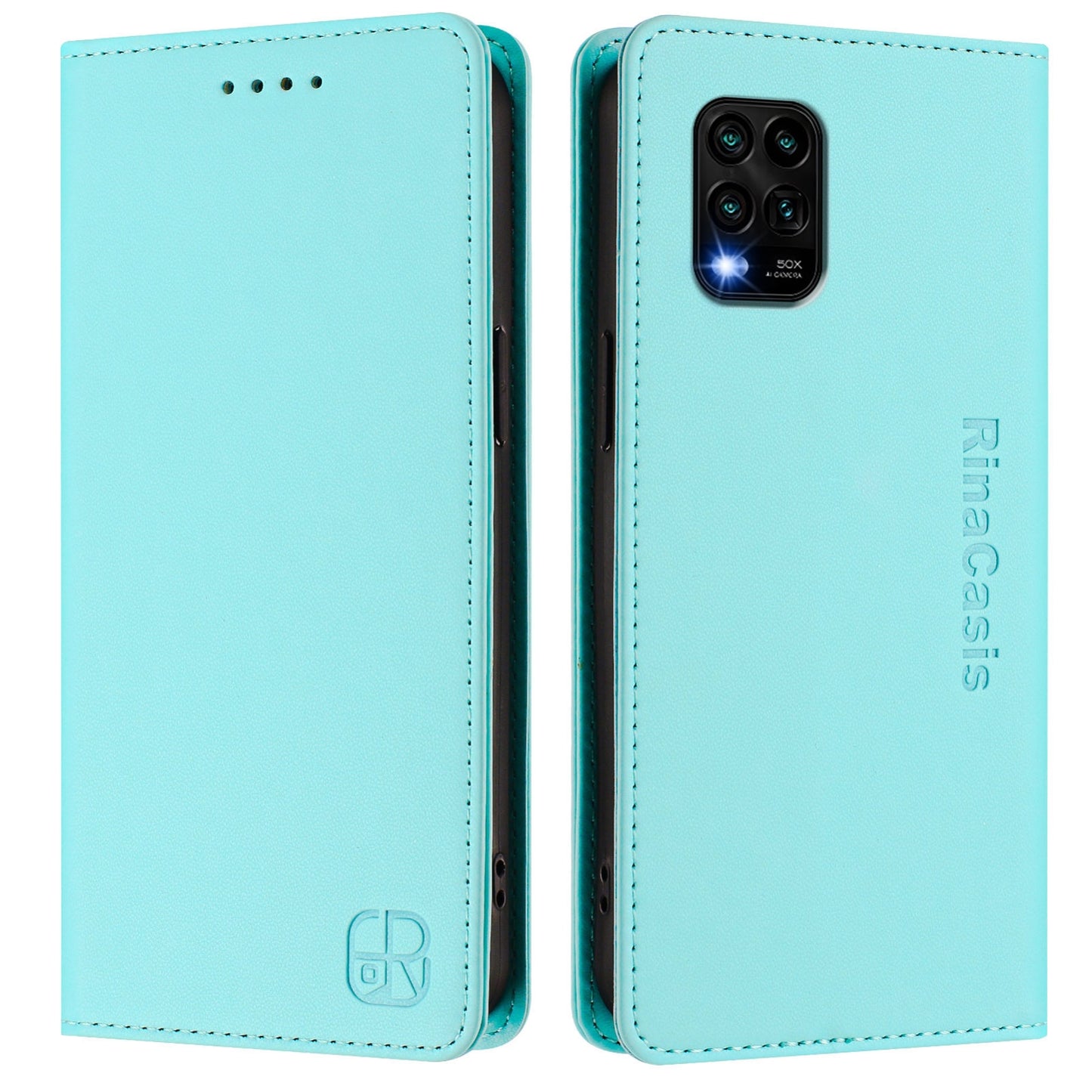 Xiaomi Mi 10 Lite Dual-Folded Magnetic Suction RFID Blocking PU Leather Wallet Phone Case with Card Slots, Cash Pocket, Kickstand, Full Protective Flip Cover