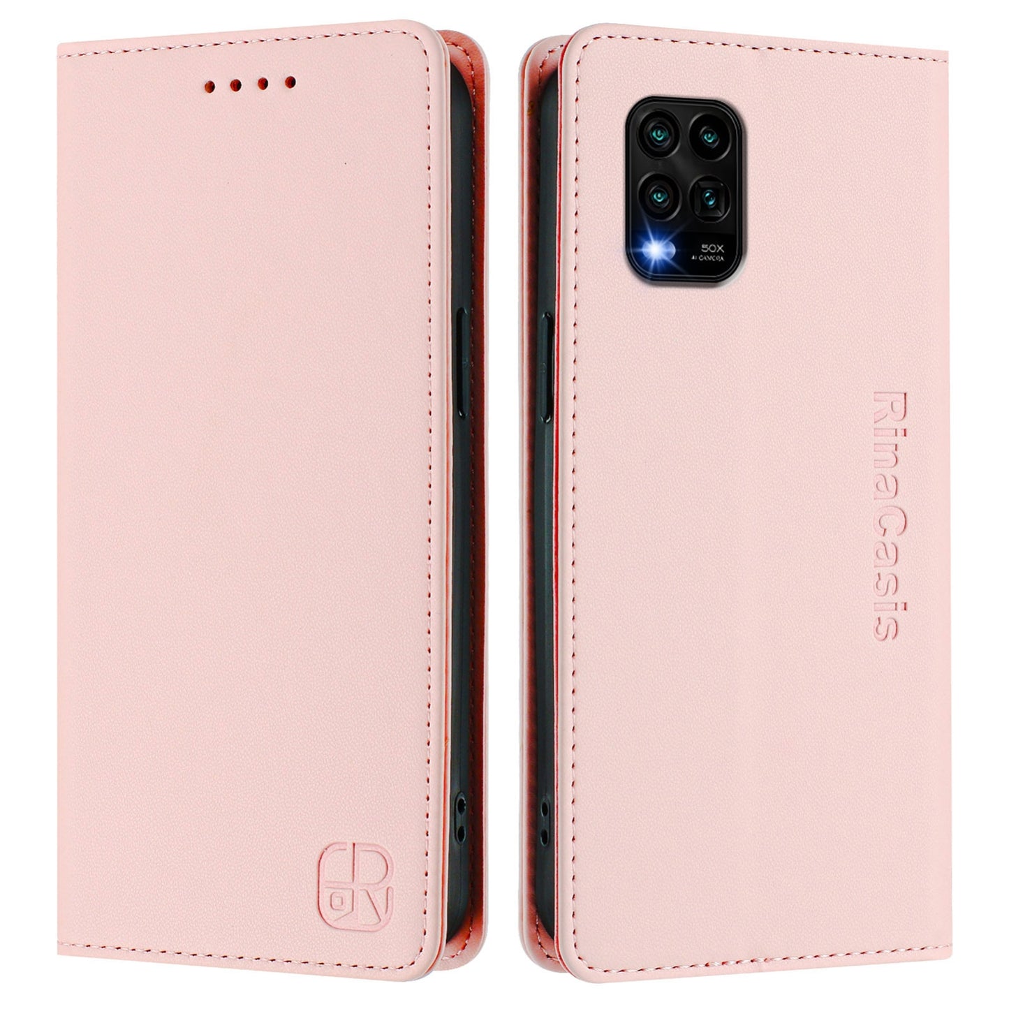 Xiaomi Mi 10 Lite Dual-Folded Magnetic Suction RFID Blocking PU Leather Wallet Phone Case with Card Slots, Cash Pocket, Kickstand, Full Protective Flip Cover