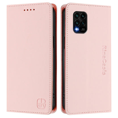 Xiaomi Mi 10 Lite Dual-Folded Magnetic Suction RFID Blocking PU Leather Wallet Phone Case with Card Slots, Cash Pocket, Kickstand, Full Protective Flip Cover