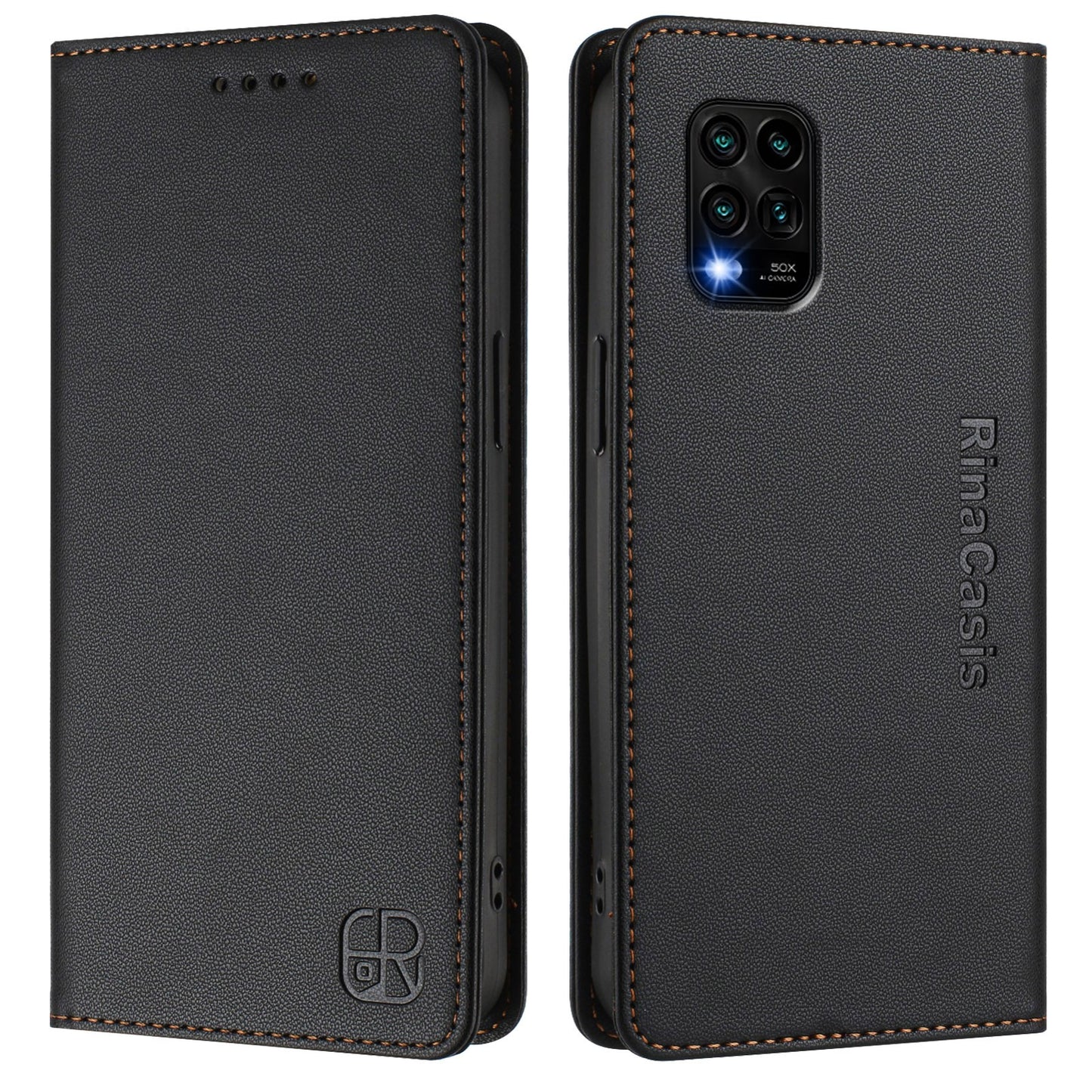 Xiaomi Mi 10 Lite Dual-Folded Magnetic Suction RFID Blocking PU Leather Wallet Phone Case with Card Slots, Cash Pocket, Kickstand, Full Protective Flip Cover