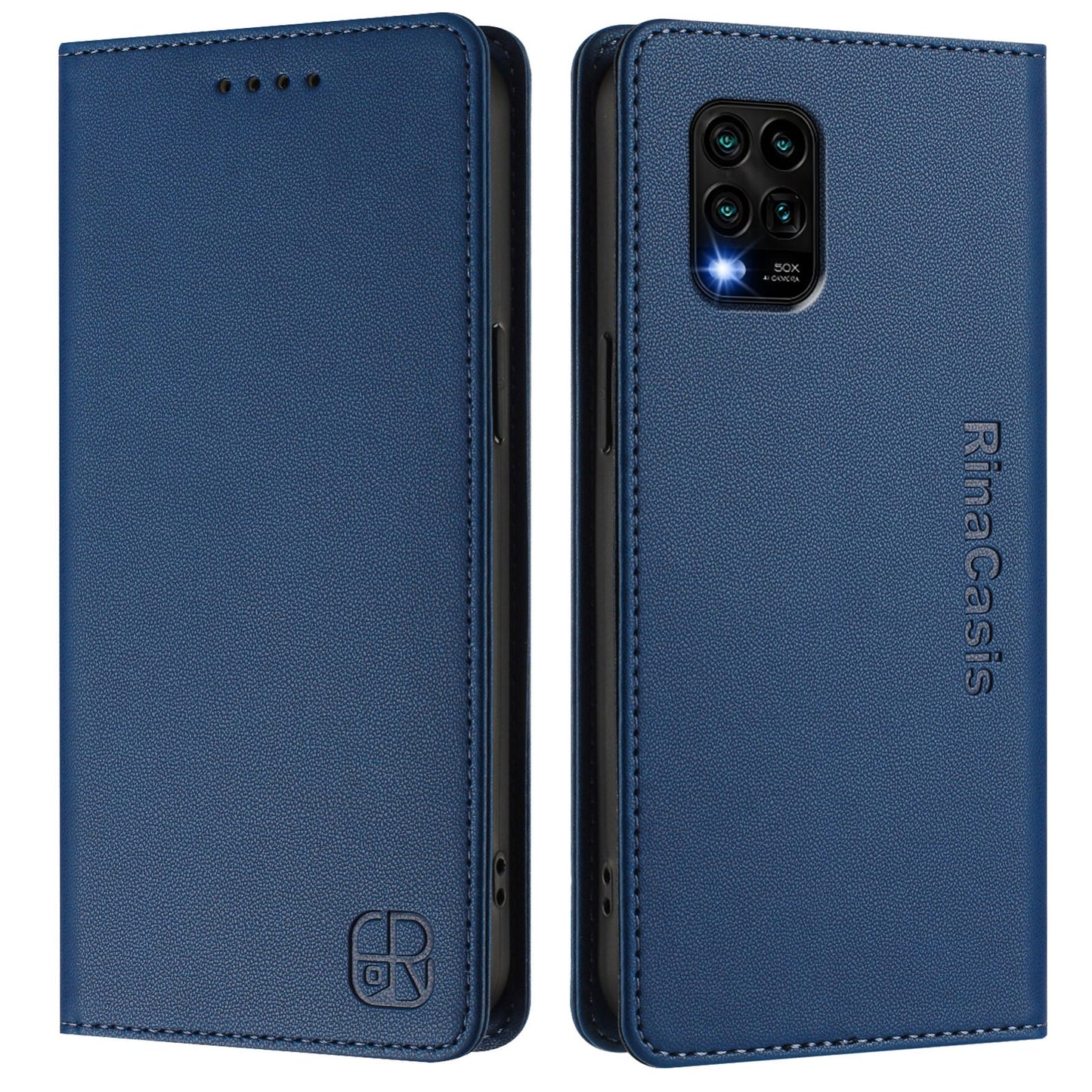 Xiaomi Mi 10 Lite Dual-Folded Magnetic Suction RFID Blocking PU Leather Wallet Phone Case with Card Slots, Cash Pocket, Kickstand, Full Protective Flip Cover
