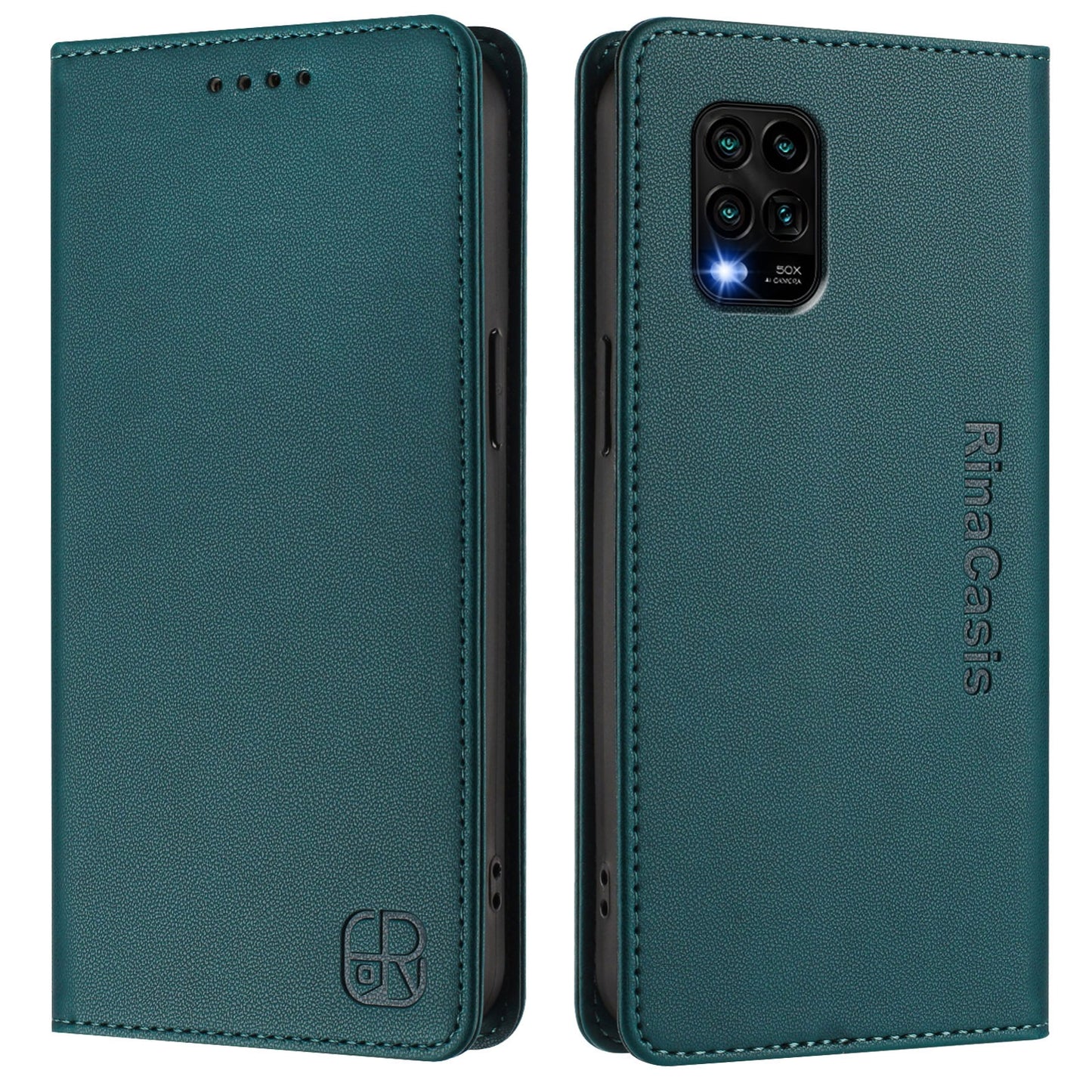 Xiaomi Mi 10 Lite Dual-Folded Magnetic Suction RFID Blocking PU Leather Wallet Phone Case with Card Slots, Cash Pocket, Kickstand, Full Protective Flip Cover