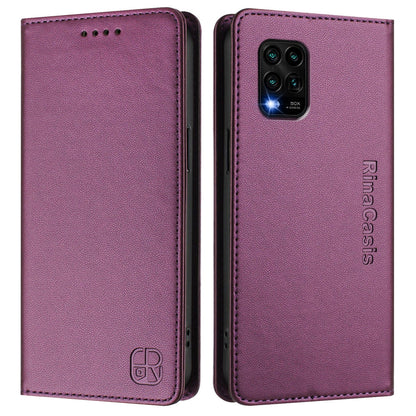 Xiaomi Mi 10 Lite Dual-Folded Magnetic Suction RFID Blocking PU Leather Wallet Phone Case with Card Slots, Cash Pocket, Kickstand, Full Protective Flip Cover