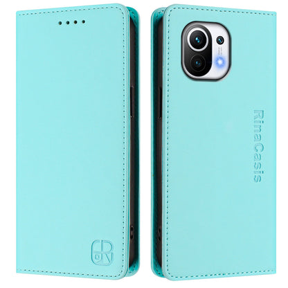 Xiaomi Mi 11 Dual-Folded Magnetic Suction RFID Blocking PU Leather Wallet Phone Case with Card Slots, Cash Pocket, Kickstand, Full Protective Flip Cover