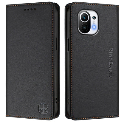 Xiaomi Mi 11 Dual-Folded Magnetic Suction RFID Blocking PU Leather Wallet Phone Case with Card Slots, Cash Pocket, Kickstand, Full Protective Flip Cover