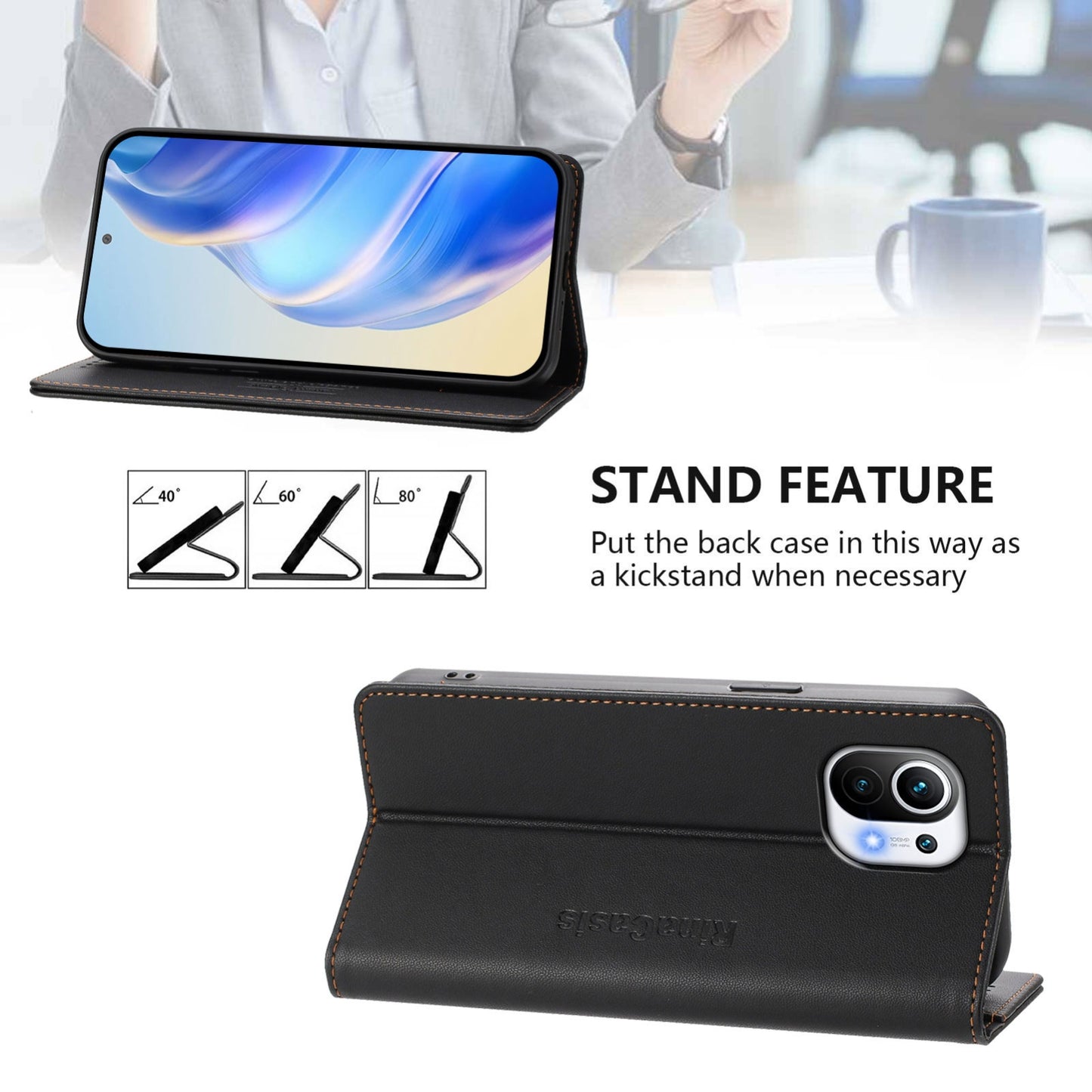 Xiaomi Mi 11 Dual-Folded Magnetic Suction RFID Blocking PU Leather Wallet Phone Case with Card Slots, Cash Pocket, Kickstand, Full Protective Flip Cover