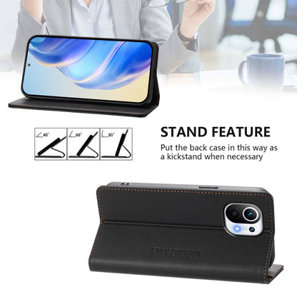 Xiaomi Mi 11 Dual-Folded Magnetic Suction RFID Blocking PU Leather Wallet Phone Case with Card Slots, Cash Pocket, Kickstand, Full Protective Flip Cover