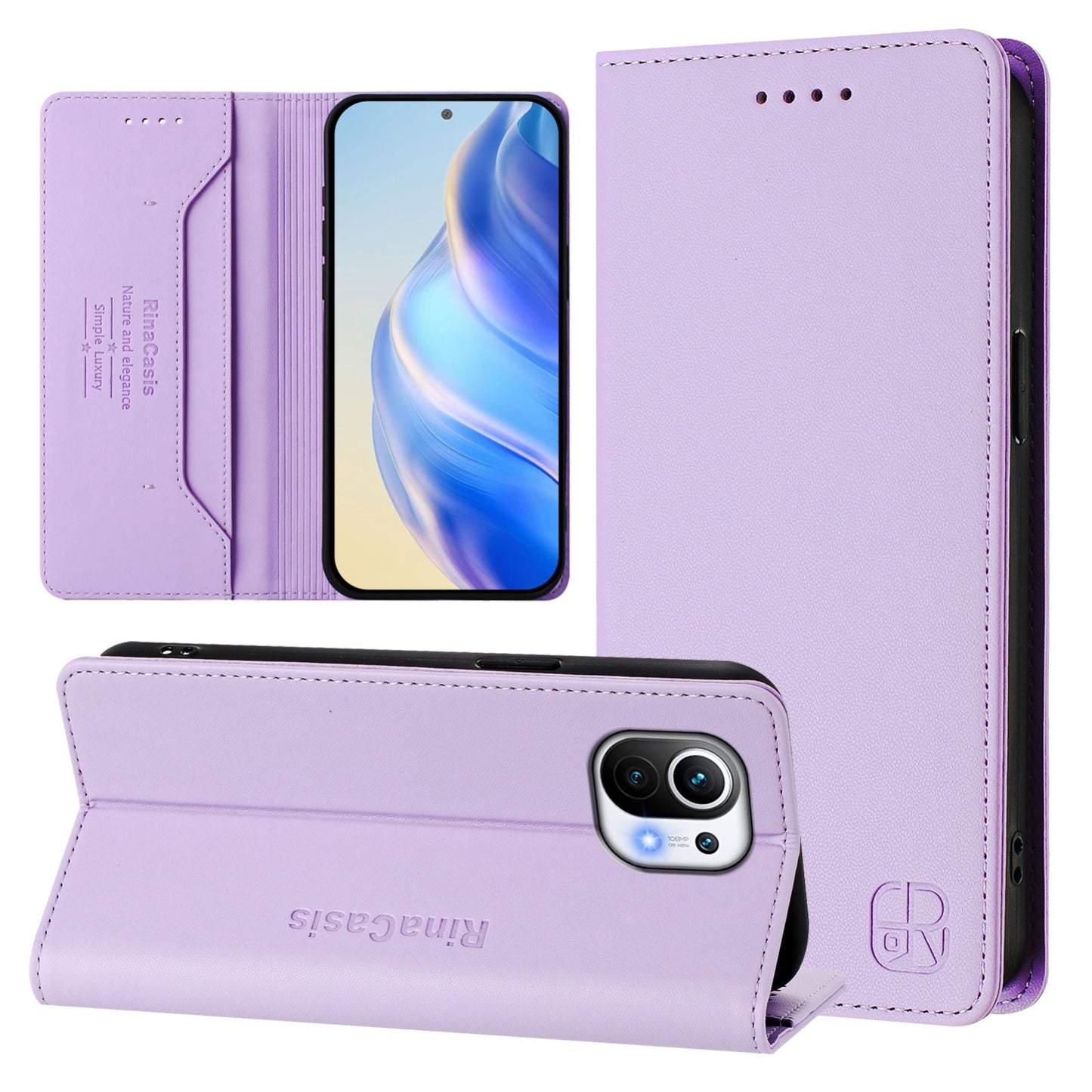 Xiaomi Mi 11 Dual-Folded Magnetic Suction RFID Blocking PU Leather Wallet Phone Case with Card Slots, Cash Pocket, Kickstand, Full Protective Flip Cover