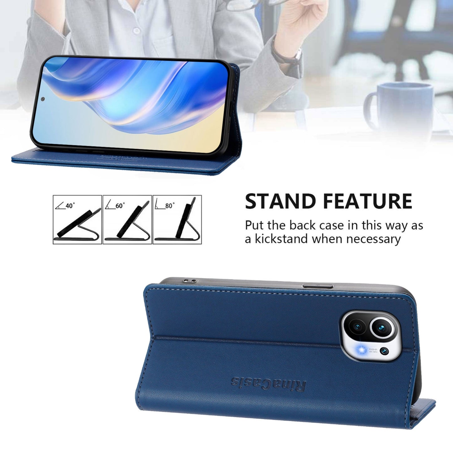 Xiaomi Mi 11 Dual-Folded Magnetic Suction RFID Blocking PU Leather Wallet Phone Case with Card Slots, Cash Pocket, Kickstand, Full Protective Flip Cover