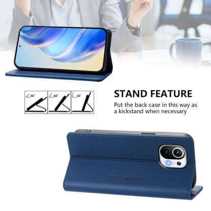 Xiaomi Mi 11 Dual-Folded Magnetic Suction RFID Blocking PU Leather Wallet Phone Case with Card Slots, Cash Pocket, Kickstand, Full Protective Flip Cover