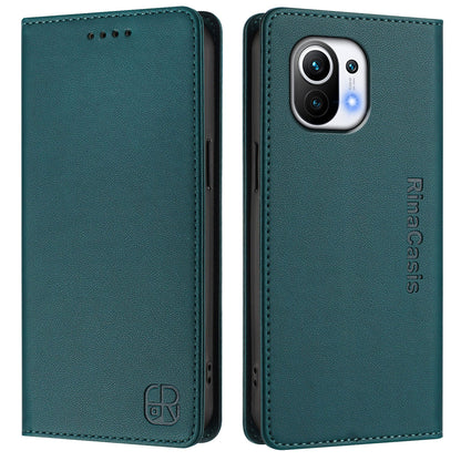 Xiaomi Mi 11 Dual-Folded Magnetic Suction RFID Blocking PU Leather Wallet Phone Case with Card Slots, Cash Pocket, Kickstand, Full Protective Flip Cover