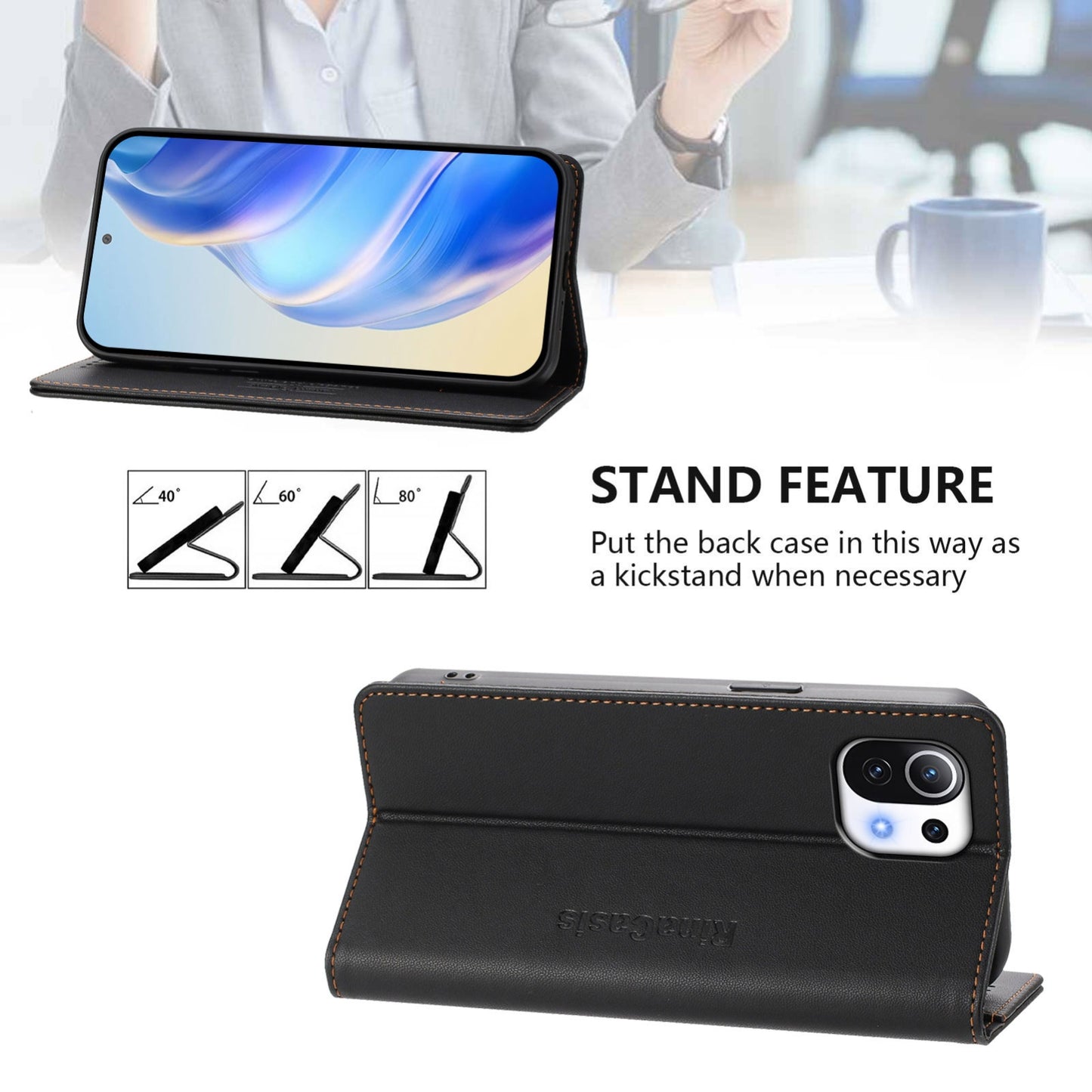 Xiaomi Mi 11 Lite 5G Dual-Folded Magnetic Suction RFID Blocking PU Leather Wallet Phone Case with Card Slots, Cash Pocket, Kickstand, Full Protective Flip Cover