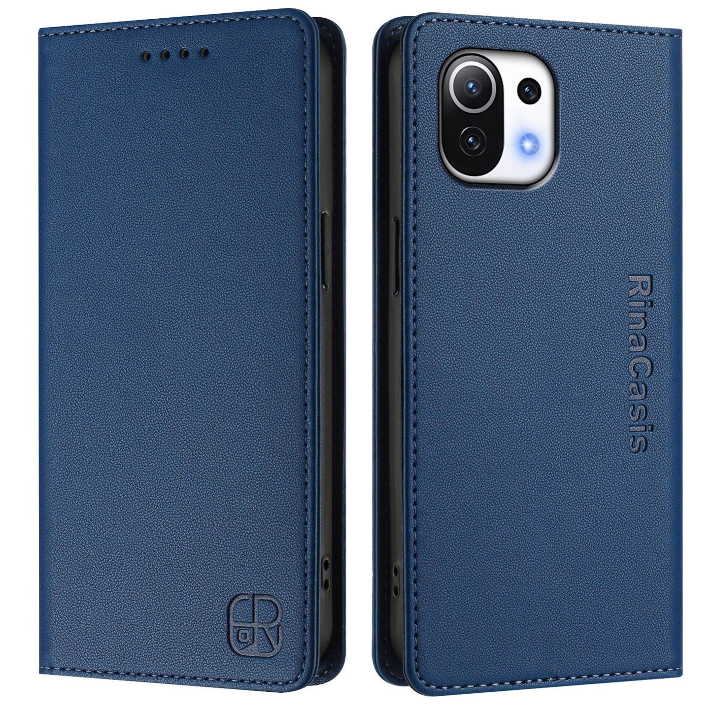 Xiaomi Mi 11 Lite Dual-Folded Magnetic Suction RFID Blocking PU Leather Wallet Phone Case with Card Slots, Cash Pocket, Kickstand, Full Protective Flip Cover