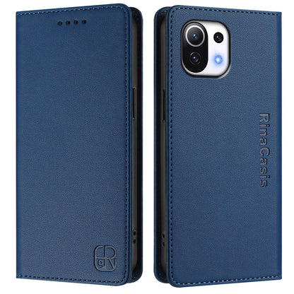 Xiaomi Mi 11 Lite Dual-Folded Magnetic Suction RFID Blocking PU Leather Wallet Phone Case with Card Slots, Cash Pocket, Kickstand, Full Protective Flip Cover