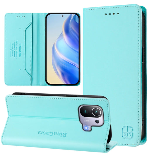 Xiaomi Mi 11 Pro Dual-Folded Magnetic Suction RFID Blocking PU Leather Wallet Phone Case with Card Slots, Cash Pocket, Kickstand, Full Protective Flip Cover