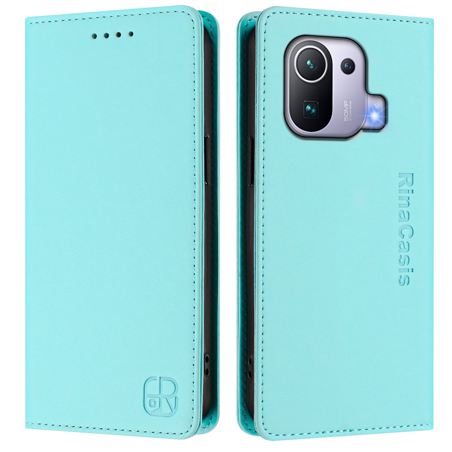 Xiaomi Mi 11 Pro Dual-Folded Magnetic Suction RFID Blocking PU Leather Wallet Phone Case with Card Slots, Cash Pocket, Kickstand, Full Protective Flip Cover