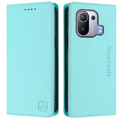 Xiaomi Mi 11 Pro Dual-Folded Magnetic Suction RFID Blocking PU Leather Wallet Phone Case with Card Slots, Cash Pocket, Kickstand, Full Protective Flip Cover