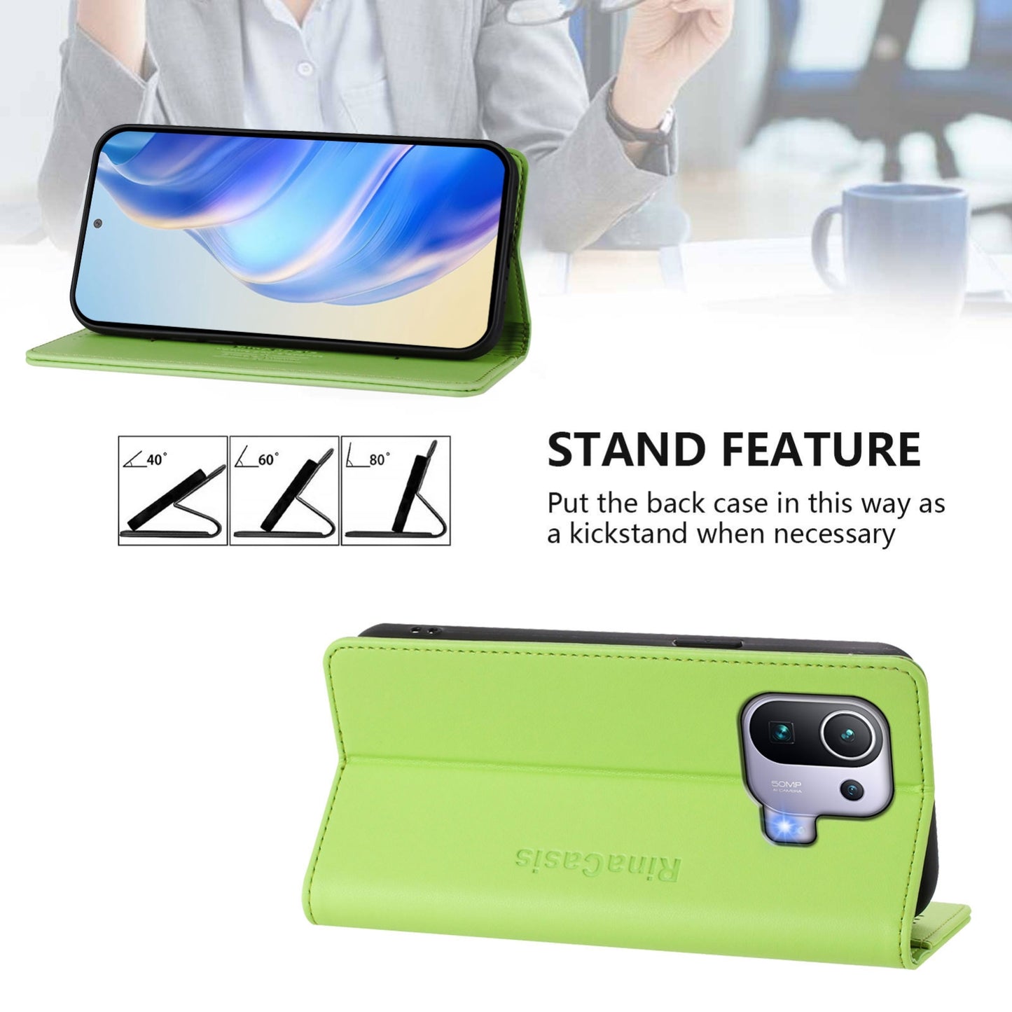 Xiaomi Mi 11 Pro Dual-Folded Magnetic Suction RFID Blocking PU Leather Wallet Phone Case with Card Slots, Cash Pocket, Kickstand, Full Protective Flip Cover
