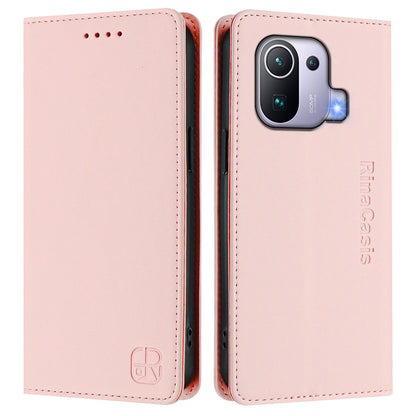 Xiaomi Mi 11 Pro Dual-Folded Magnetic Suction RFID Blocking PU Leather Wallet Phone Case with Card Slots, Cash Pocket, Kickstand, Full Protective Flip Cover