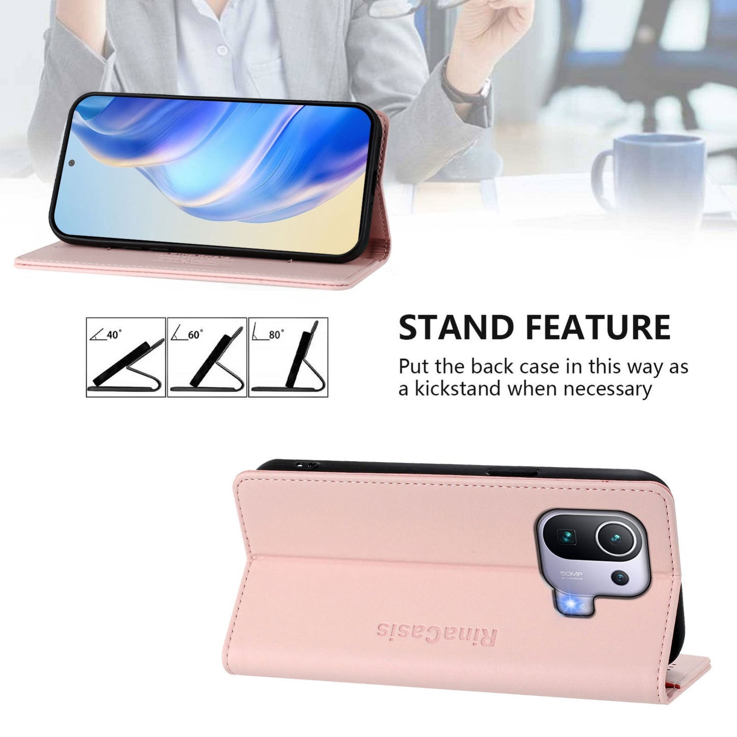 Xiaomi Mi 11 Pro Dual-Folded Magnetic Suction RFID Blocking PU Leather Wallet Phone Case with Card Slots, Cash Pocket, Kickstand, Full Protective Flip Cover