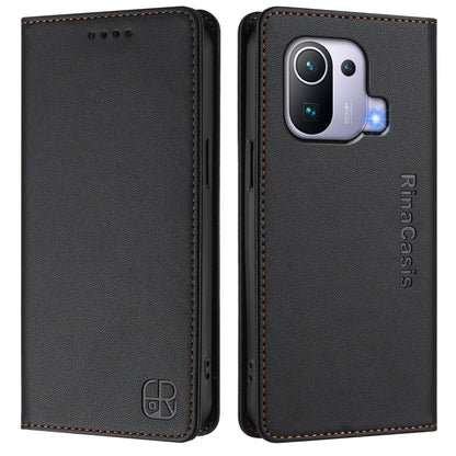 Xiaomi Mi 11 Pro Dual-Folded Magnetic Suction RFID Blocking PU Leather Wallet Phone Case with Card Slots, Cash Pocket, Kickstand, Full Protective Flip Cover