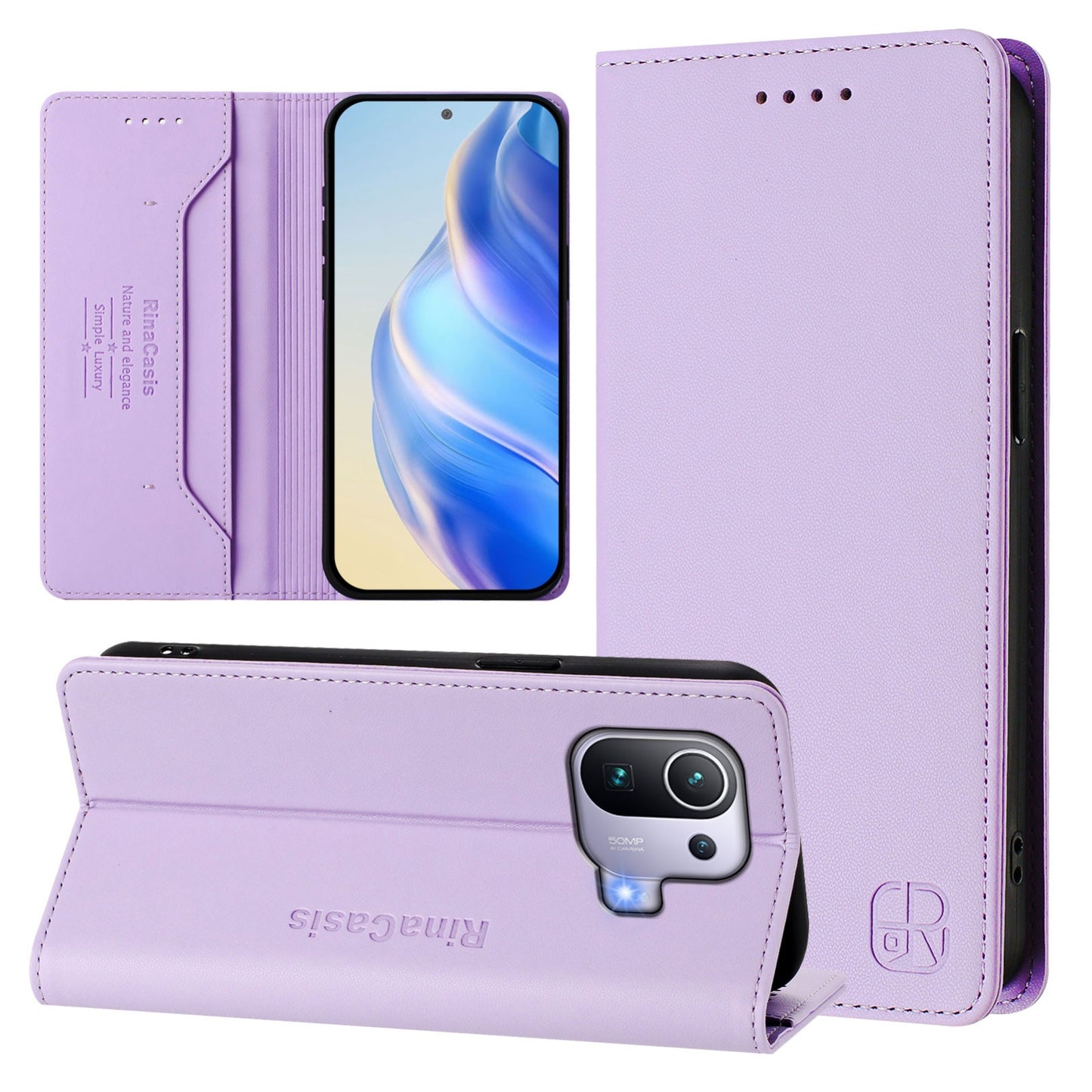 Xiaomi Mi 11 Pro Dual-Folded Magnetic Suction RFID Blocking PU Leather Wallet Phone Case with Card Slots, Cash Pocket, Kickstand, Full Protective Flip Cover