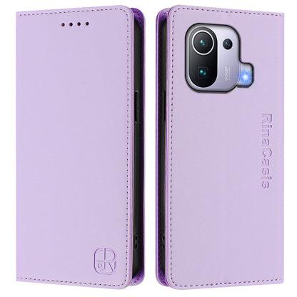 Xiaomi Mi 11 Pro Dual-Folded Magnetic Suction RFID Blocking PU Leather Wallet Phone Case with Card Slots, Cash Pocket, Kickstand, Full Protective Flip Cover