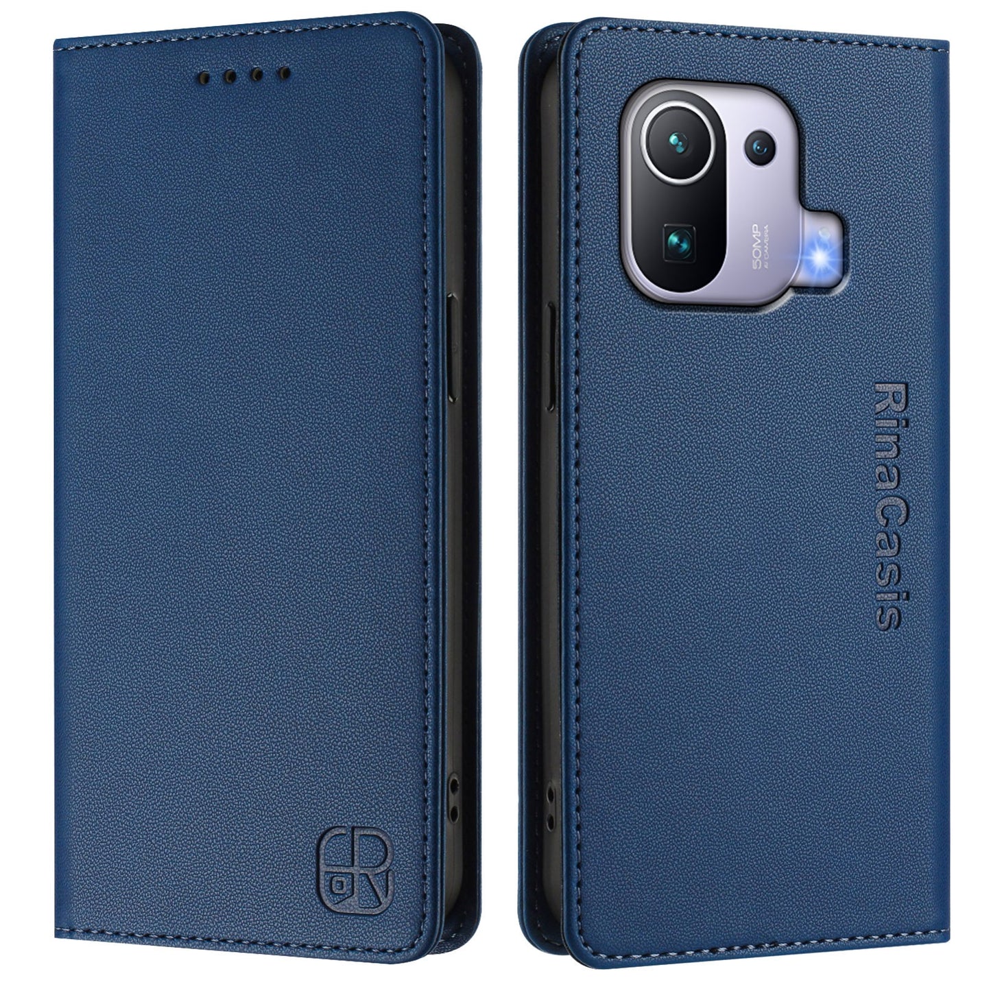 Xiaomi Mi 11 Pro Dual-Folded Magnetic Suction RFID Blocking PU Leather Wallet Phone Case with Card Slots, Cash Pocket, Kickstand, Full Protective Flip Cover
