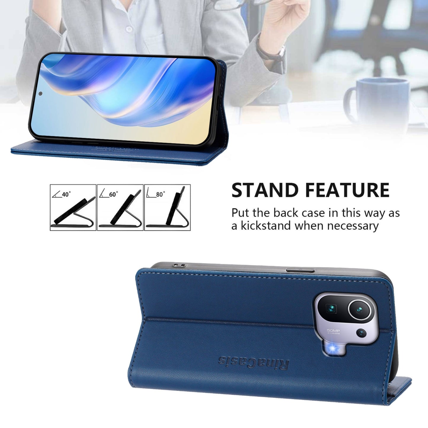 Xiaomi Mi 11 Pro Dual-Folded Magnetic Suction RFID Blocking PU Leather Wallet Phone Case with Card Slots, Cash Pocket, Kickstand, Full Protective Flip Cover
