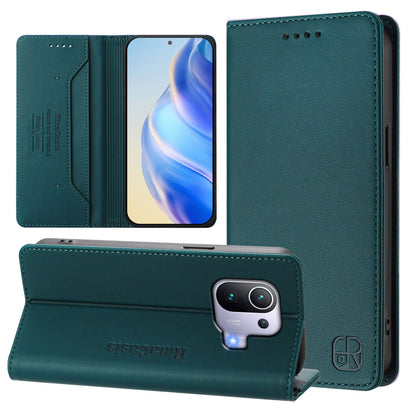 Xiaomi Mi 11 Pro Dual-Folded Magnetic Suction RFID Blocking PU Leather Wallet Phone Case with Card Slots, Cash Pocket, Kickstand, Full Protective Flip Cover