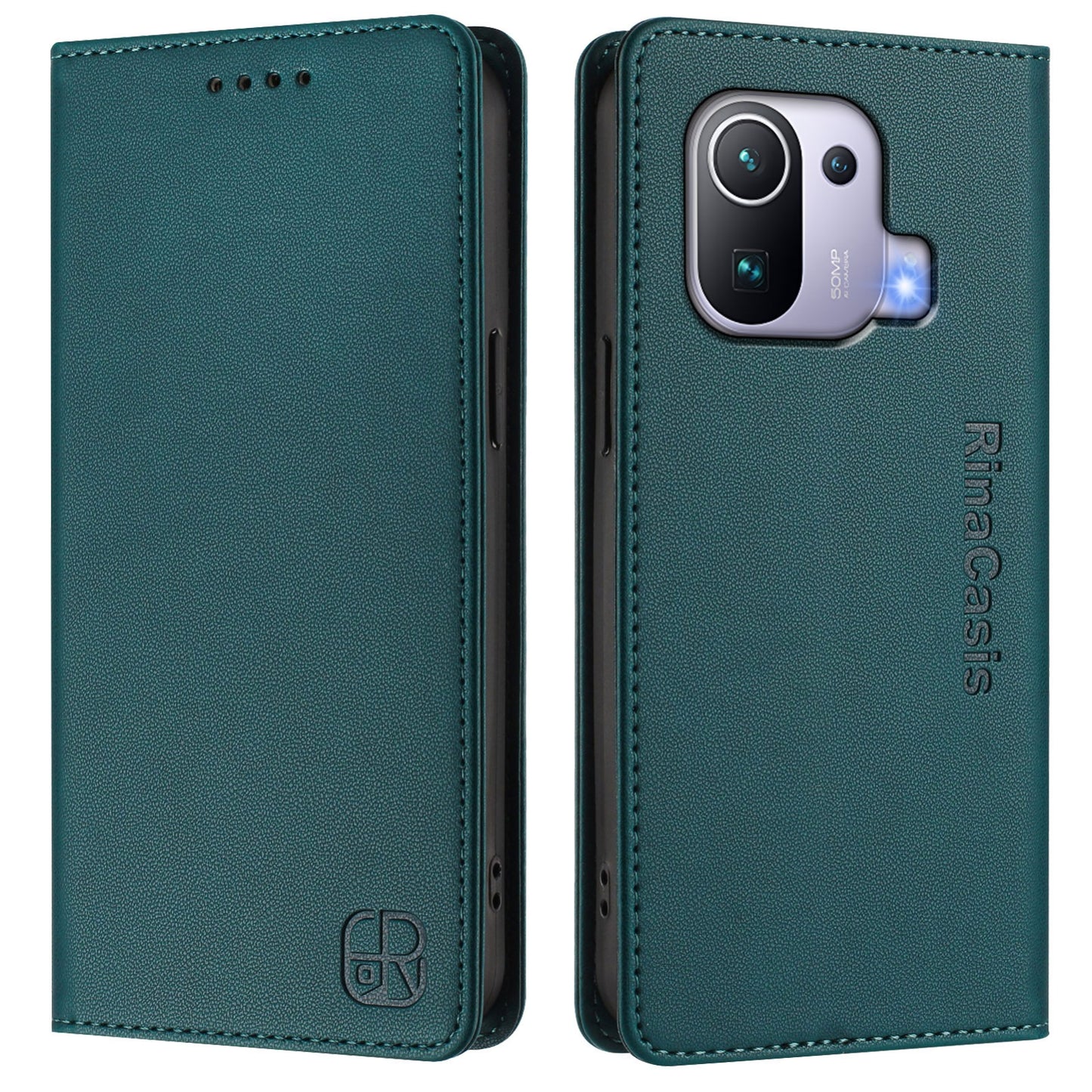 Xiaomi Mi 11 Pro Dual-Folded Magnetic Suction RFID Blocking PU Leather Wallet Phone Case with Card Slots, Cash Pocket, Kickstand, Full Protective Flip Cover