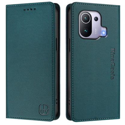 Xiaomi Mi 11 Pro Dual-Folded Magnetic Suction RFID Blocking PU Leather Wallet Phone Case with Card Slots, Cash Pocket, Kickstand, Full Protective Flip Cover