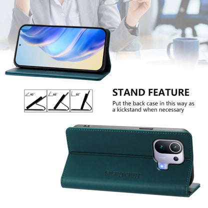 Xiaomi Mi 11 Pro Dual-Folded Magnetic Suction RFID Blocking PU Leather Wallet Phone Case with Card Slots, Cash Pocket, Kickstand, Full Protective Flip Cover