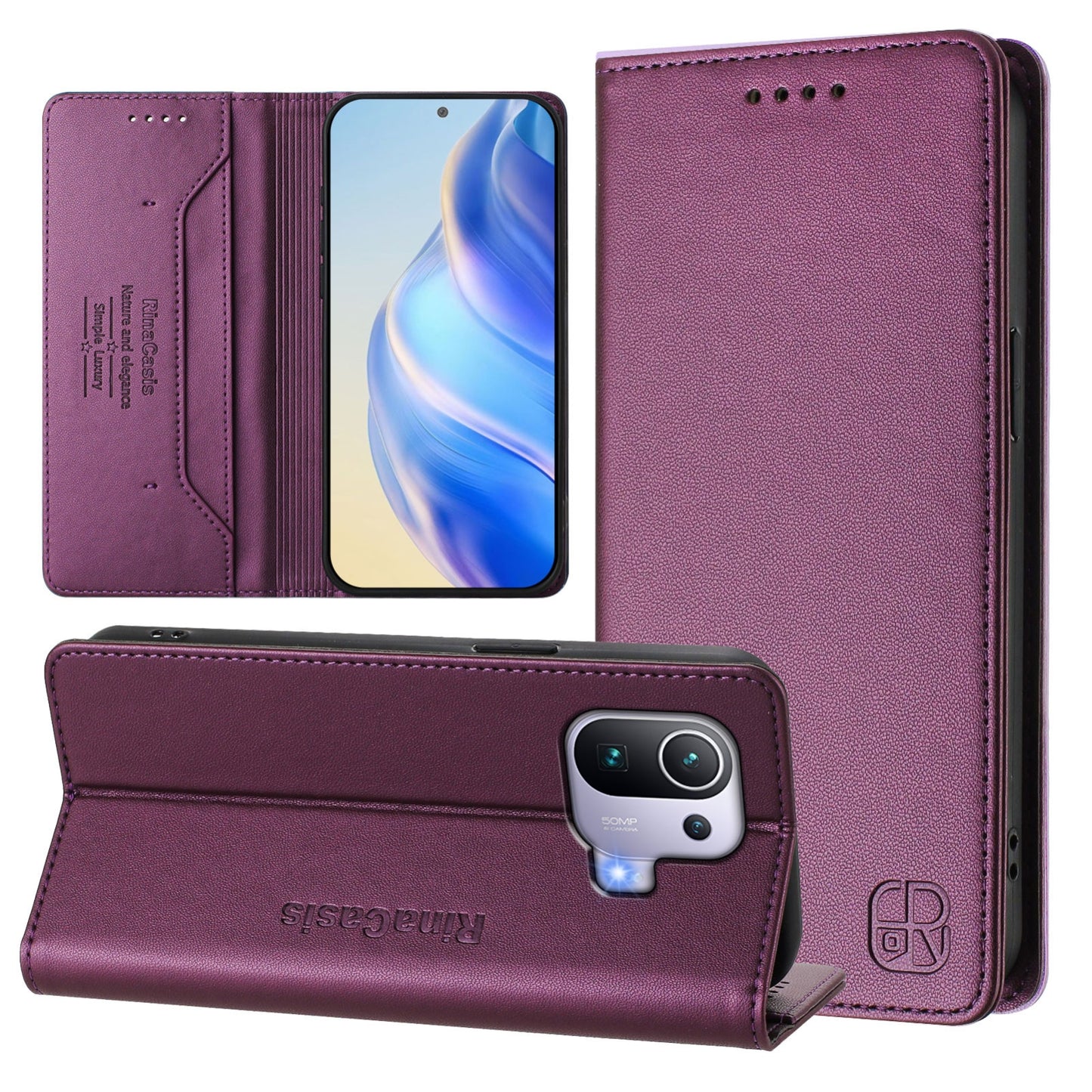 Xiaomi Mi 11 Pro Dual-Folded Magnetic Suction RFID Blocking PU Leather Wallet Phone Case with Card Slots, Cash Pocket, Kickstand, Full Protective Flip Cover