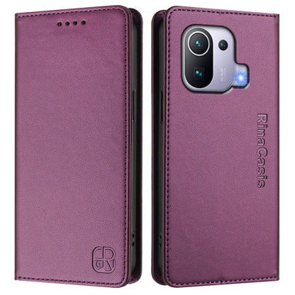 Xiaomi Mi 11 Pro Dual-Folded Magnetic Suction RFID Blocking PU Leather Wallet Phone Case with Card Slots, Cash Pocket, Kickstand, Full Protective Flip Cover