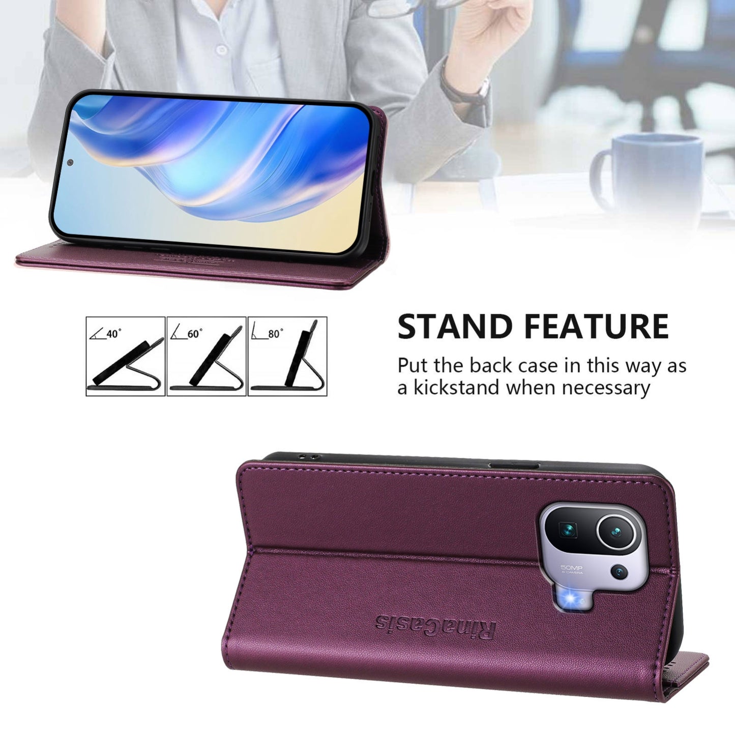 Xiaomi Mi 11 Pro Dual-Folded Magnetic Suction RFID Blocking PU Leather Wallet Phone Case with Card Slots, Cash Pocket, Kickstand, Full Protective Flip Cover