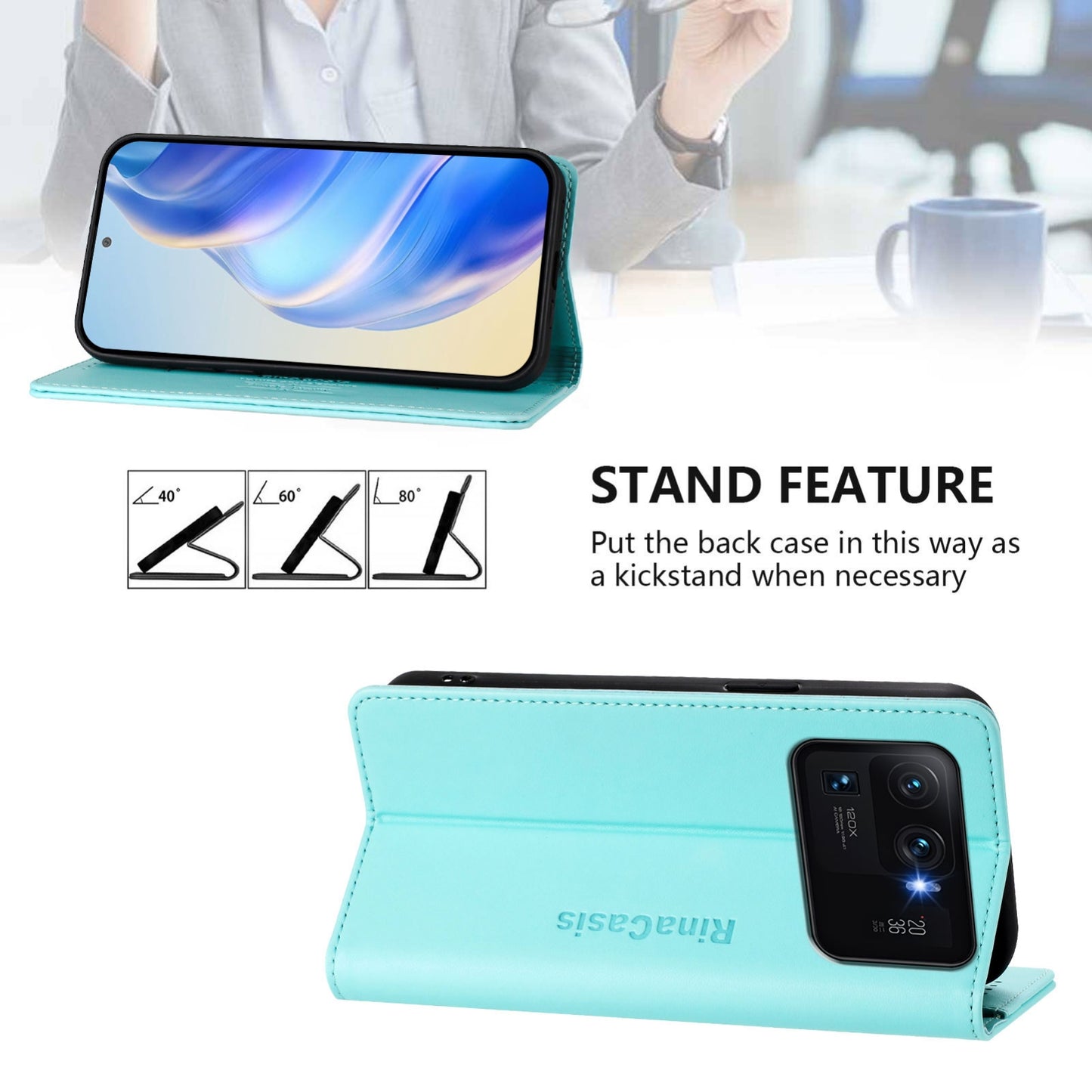 Xiaomi Mi 11 Ultra Dual-Folded Magnetic Suction RFID Blocking PU Leather Wallet Phone Case with Card Slots, Cash Pocket, Kickstand, Full Protective Flip Cover