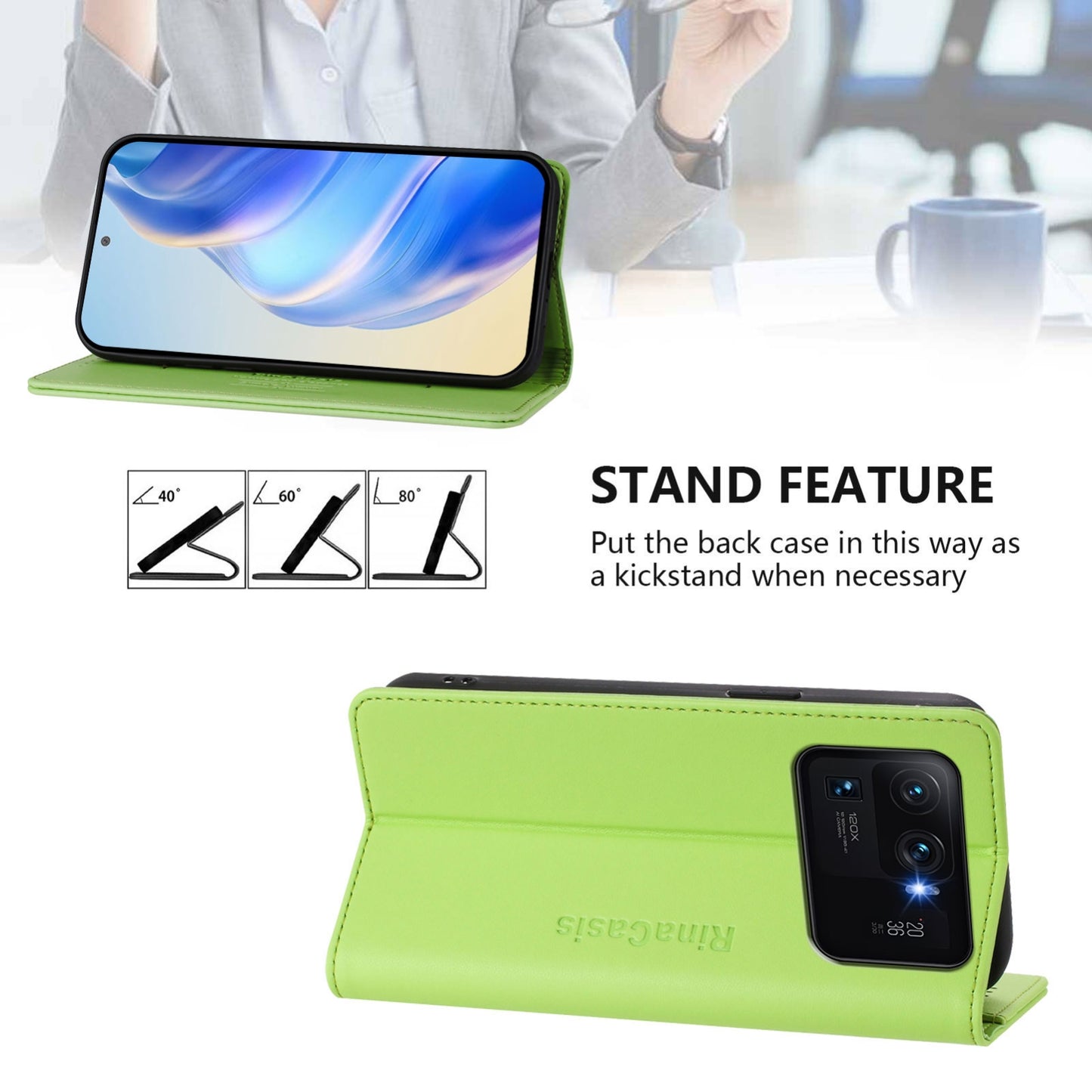 Xiaomi Mi 11 Ultra Dual-Folded Magnetic Suction RFID Blocking PU Leather Wallet Phone Case with Card Slots, Cash Pocket, Kickstand, Full Protective Flip Cover