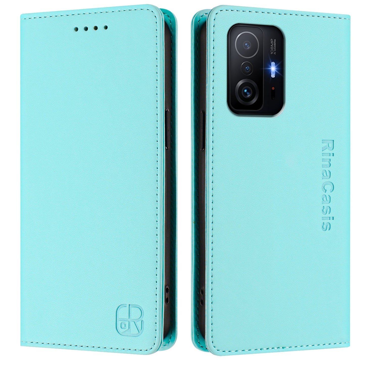 Xiaomi 11T Dual-Folded Magnetic Suction RFID Blocking PU Leather Wallet Phone Case with Card Slots, Cash Pocket, Kickstand, Full Protective Flip Cover
