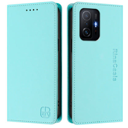 Xiaomi 11T Pro Dual-Folded Magnetic Suction RFID Blocking PU Leather Wallet Phone Case with Card Slots, Cash Pocket, Kickstand, Full Protective Flip Cover